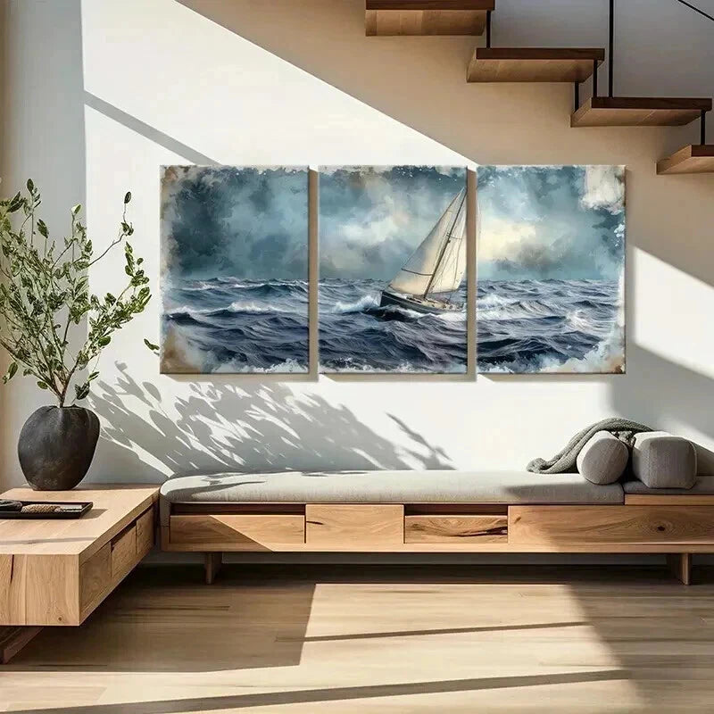 3pcs Sailing Boat Stormy Sea & Dark Clouds Wall Art Set Canvas Framed 40x60cm - High Quality Print 100% Australian Made Wall Canvas Ready to Hang