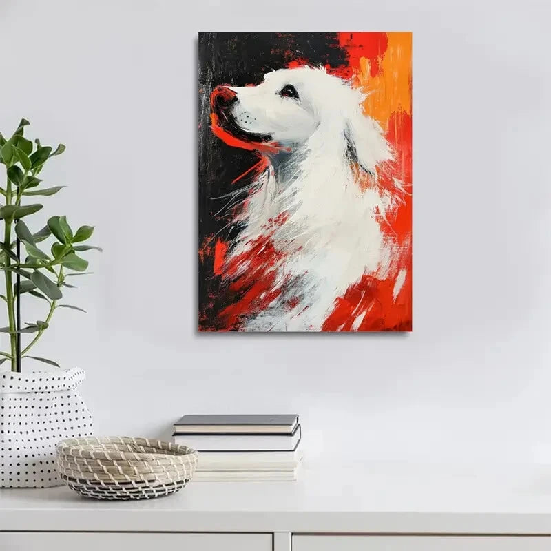 Beautiful Modern Abstract White Dog Painting 40x60cm Metal Print Ready to Hang