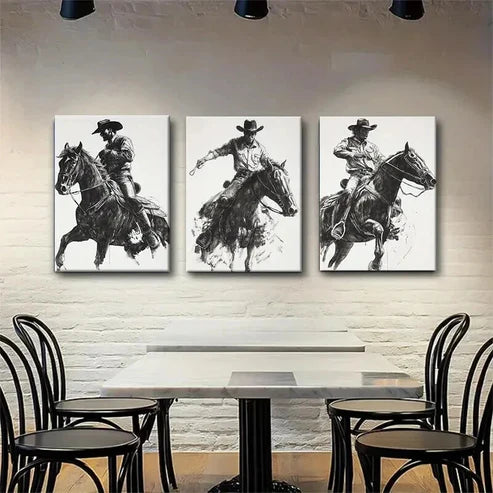 3pcs Dynamic Cowboy on Horse Dark Shadow Perfect  Wall  Art Set Canvas Unframed - High Quality Print 100% Australian Made Wall Canvas