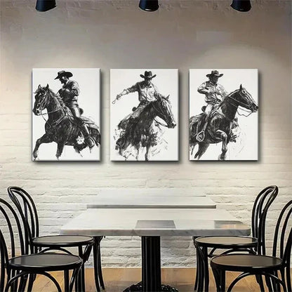 3pcs Dynamic Cowboy on Horse Dark Shadow Perfect  Wall  Art Set Canvas Unframed - High Quality Print 100% Australian Made Wall Canvas
