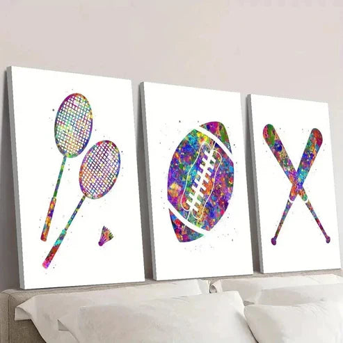 3pcs Rainbow Badminton Football Baseball Wall Art Canvas Unframed - High Quality Print 100% Australian Made Wall Canvas
