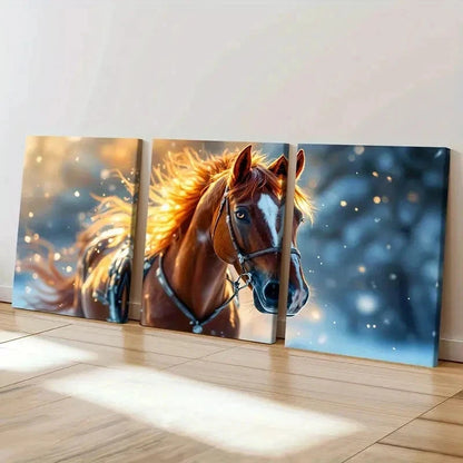 3pcs Vibrant Horse with Golden Mane Wall Art Set Canvas Framed 40x60cm - High Quality Print 100% Australian Made Wall Canvas Ready to Hang