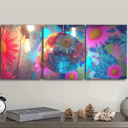 3pcs Vibrant Disco Ball & Floral Wall Art Set Canvas Unframed - High Quality Print 100% Australian Made Wall Canvas - Bella Home Decor
