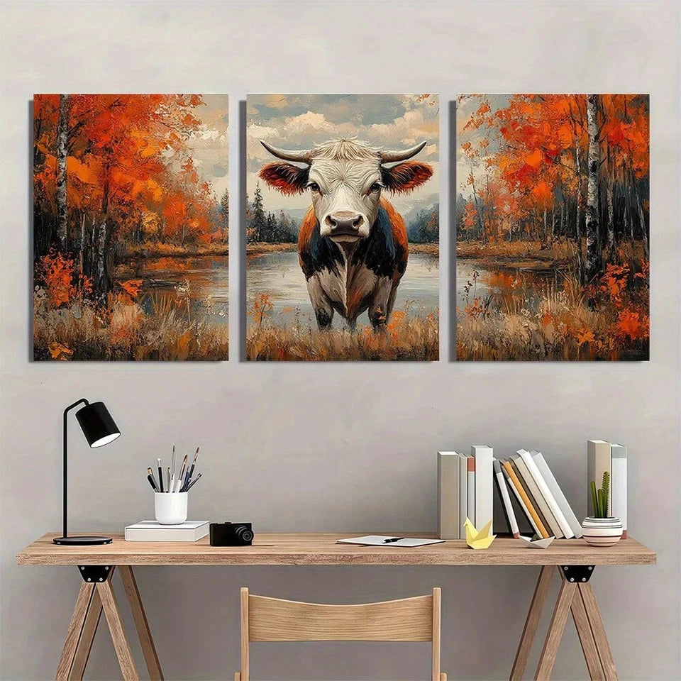 3pcs Farmhouse Painting Brown & Blue Cow Autumn Metal Print Ready to Hang Art