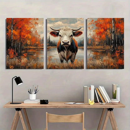 3pcs Farmhouse Painting Brown & Blue Cow Autumn Metal Print Ready to Hang Art
