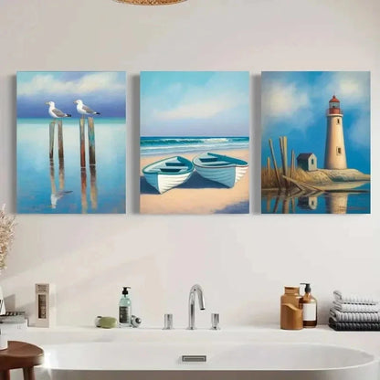 3pcs Seagulls Rowboats Lighthouse Painting Metal Print Ready to Hang Art