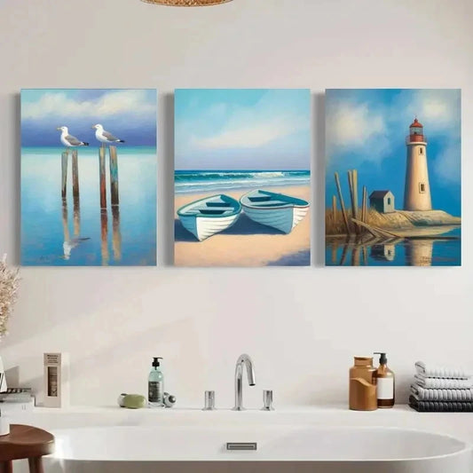 3pcs Seagulls Rowboats Lighthouse Painting Metal Print Ready to Hang Art