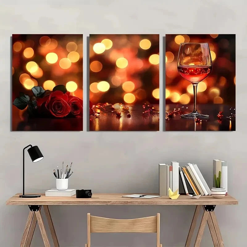 3pcs Elegant Wine & Rose Luxurious Metal Print Ready to Hang Art