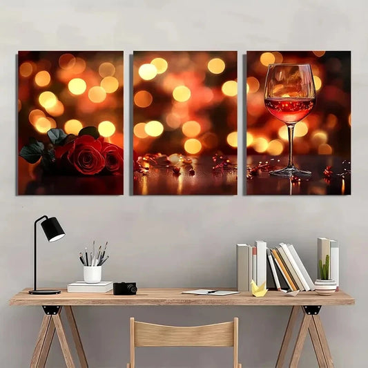 3pcs Elegant Wine & Rose Luxurious Metal Print Ready to Hang Art
