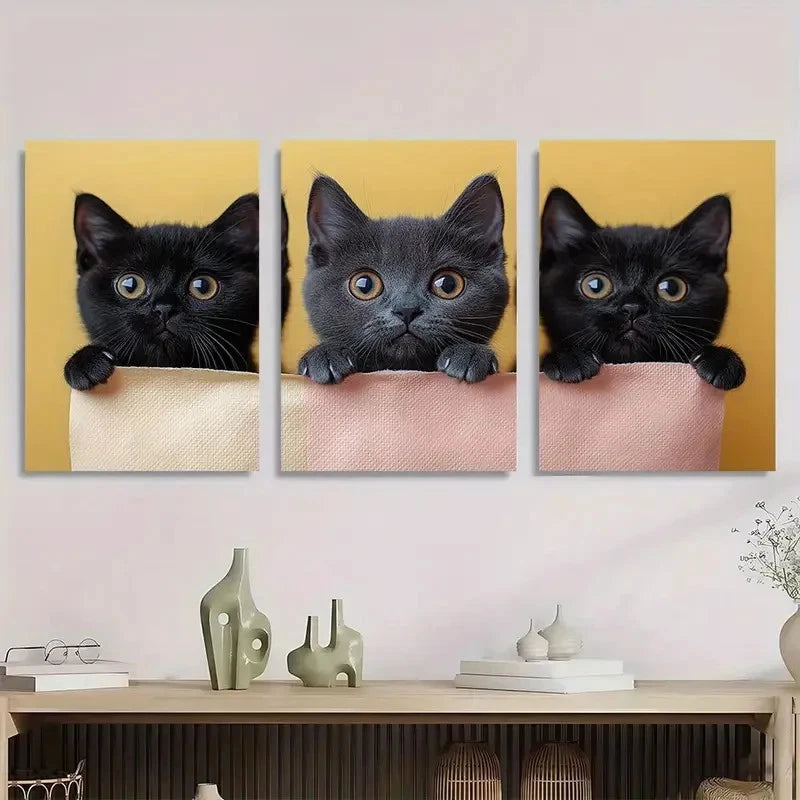 3pcs Adorable Black Playful Cats Painting Metal Print Ready to Hang Art