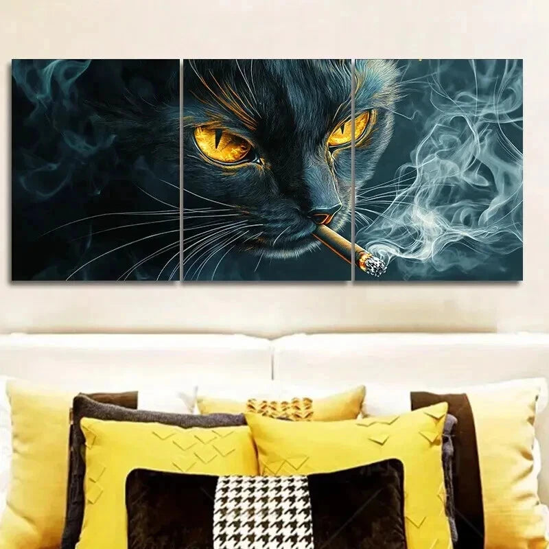 3pcs A Black Cat with Yellow Eyes Smoking Wall Art Set Canvas Framed 40x60cm - High Quality Print 100% Australian Made Wall Canvas Ready to Hang