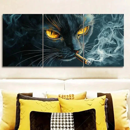3pcs A Black Cat with Yellow Eyes Smoking Wall Art Set Canvas Framed 40x60cm - High Quality Print 100% Australian Made Wall Canvas Ready to Hang