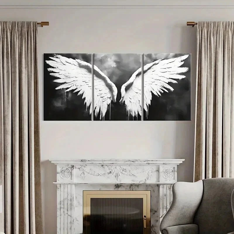 3pcs Angel Wings Art White Feathers Dark Metal Print Ready to Hang Art