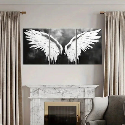 3pcs Angel Wings Art White Feathers Dark Metal Print Ready to Hang Art