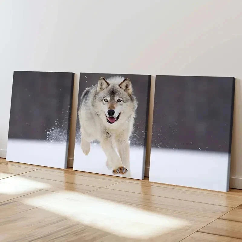 3pcs Wolf Running On The Snow Painting Wall Art Set Canvas Framed 40x60cm - High Quality Print 100% Australian Made Wall Canvas Ready to Hang