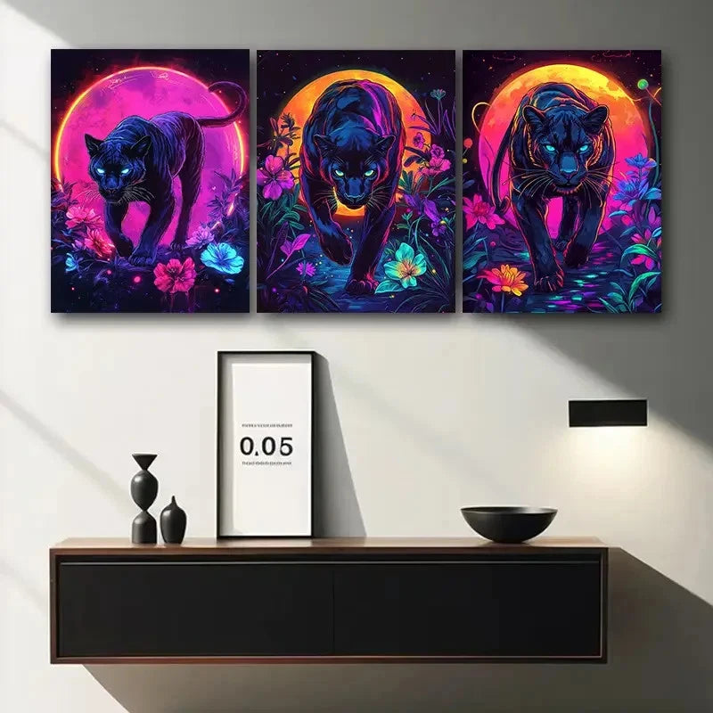 3pcs Leopards in the Night Painting Metal Print Ready to Hang Art