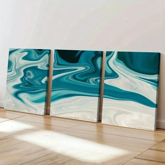 3pcs Blue Green Fluid Gradient Line Wall Art Set Canvas Framed 40x60cm - High Quality Print 100% Australian Made Wall Canvas Ready to Hang