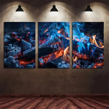 3pcs Wood Burning In Campfire Metal Print Ready to Hang Art