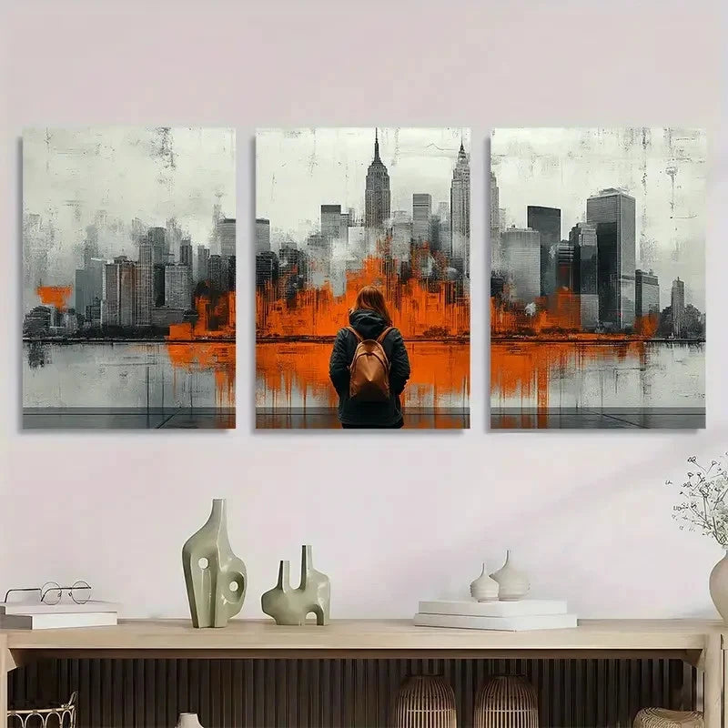 3pcs Vibrant Urban Skyline Design Tones Perfect Wall Art Set Canvas Framed 40x60cm - High Quality Print 100% Australian Made Wall Canvas Ready to Hang
