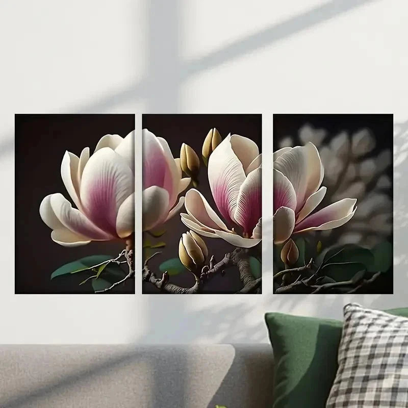 3pcs Magnolia Flowers with Pink Accents Wall Art Set Canvas Framed 40x60cm - High Quality Print 100% Australian Made Wall Canvas Ready to Hang