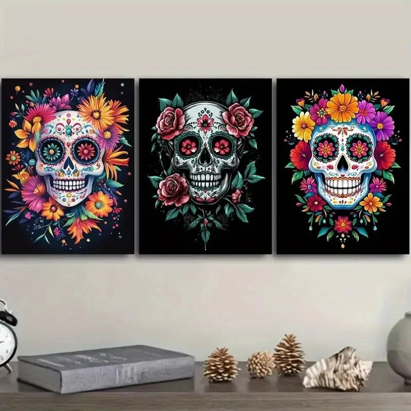 3pcs Modern Art Deco Floral Skull Prints Metal Print Ready to Hang Art