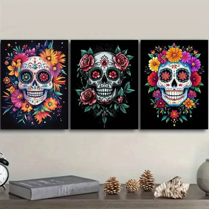 3pcs Modern Art Deco Floral Skull Prints Metal Print Ready to Hang Art