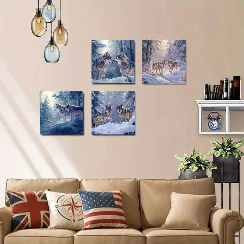4pcs Snowy Forest Wolf Duos Wall Art Canvas Framed