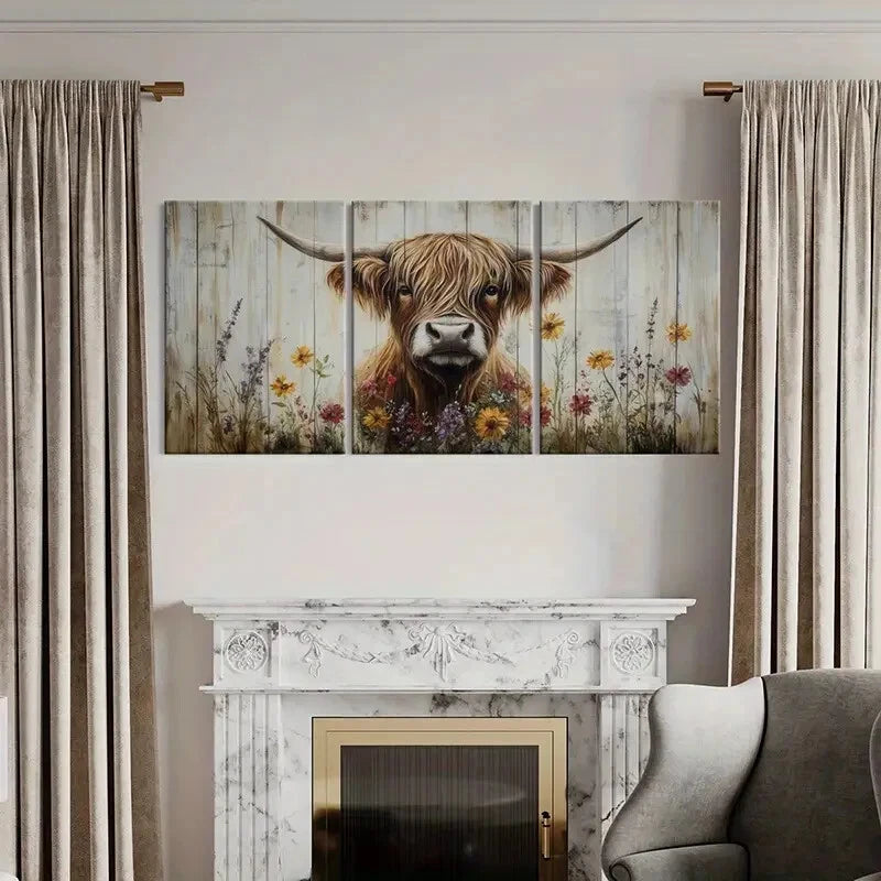 3pcs Highland Cattle Floral Garden Farmhouse Metal Print Ready to Hang Art