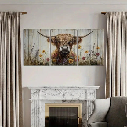 3pcs Highland Cattle Floral Garden Farmhouse Metal Print Ready to Hang Art
