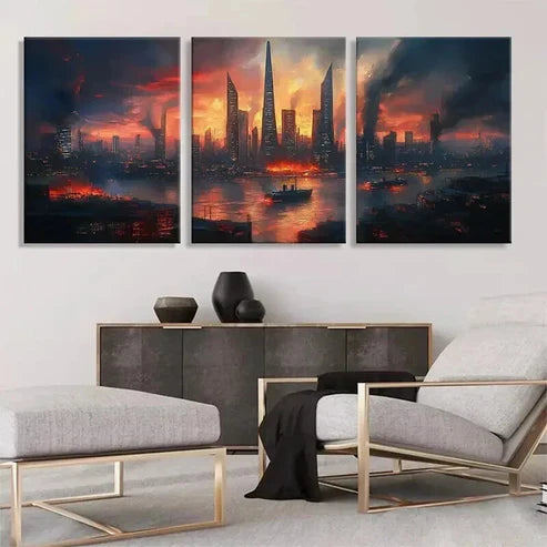 3pcs Skyscrapers and Burning Waters Prefect Wall Art Canvas Unframed - High Quality Print 100% Australian Made Wall Canvas