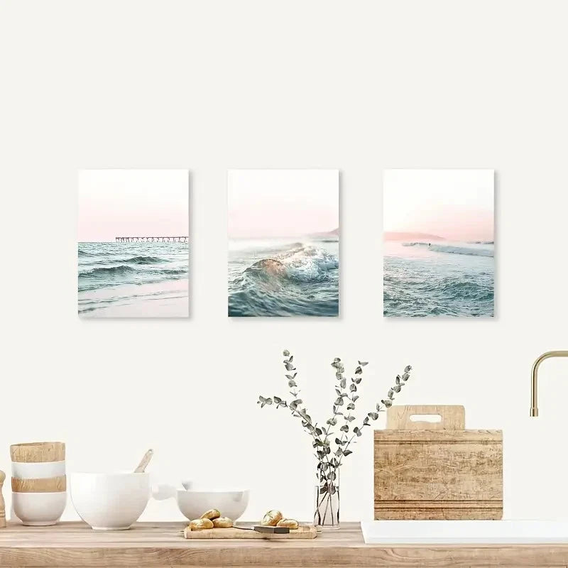 3pcs Serene Beach & Pier Scenes with Waves Metal Print Ready to Hang Art
