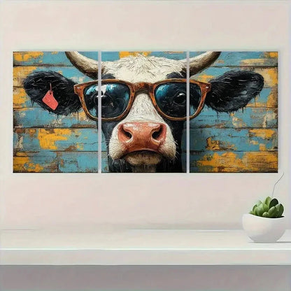 3pcs Rustic Cow with Glasses Modern Metal Print Ready to Hang Art