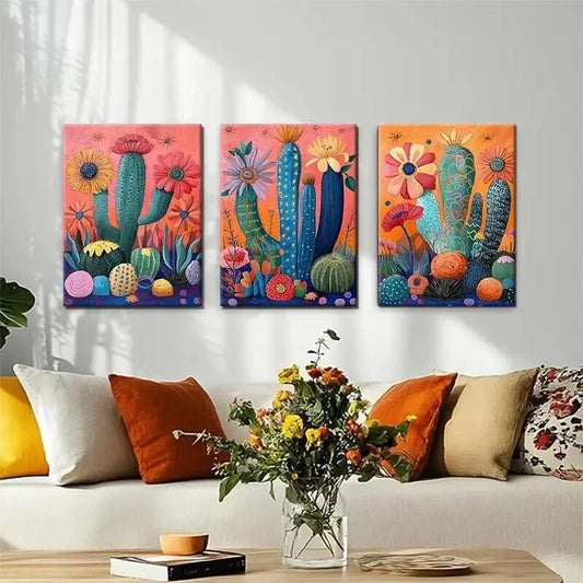 3pcs Vibrant Cactus Desert Botanical Perfect Wall Art Set Canvas Framed 40x60cm - High Quality Print 100% Australian Made Wall Canvas Ready to Hang