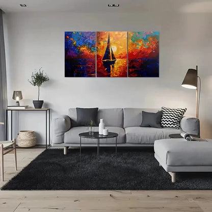 3pcs Abstract Sunset Sailboat Triptych Metal Print Ready to Hang Art