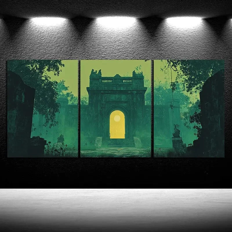 3pcs Green Gate Tower Artwork Metal Print Ready to Hang Art