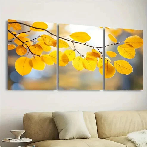 3pcs Yellow Leaves In The Fall Seasonal Wall Art Set Canvas Unframed - High Quality Print 100% Australian Made Wall Canvas