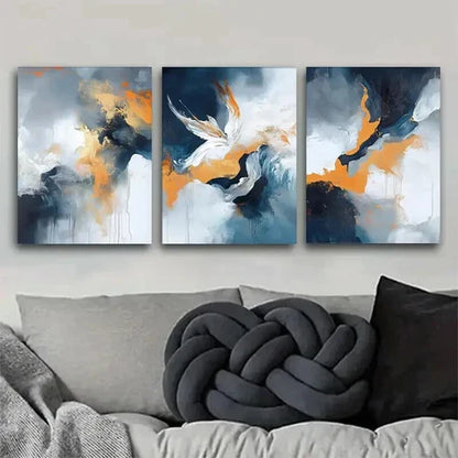 3pcs Blue White And Golden Fluid Paintings Perfect Wall Art Canvas Unframed – High Quality Print 100% Australian Made Wall Canvas