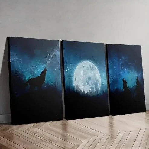 3pcs Wolf Howling at the Moon Blue Tones Night Wall Art Canvas Unframed - High Quality Print 100% Australian Made Wall Canvas