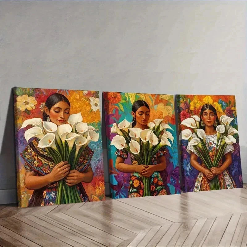 3pcs Mexican Women Holding Flowers Wall Art Set Canvas Framed 40x60cm - High Quality Print 100% Australian Made Wall Canvas Ready to Hang