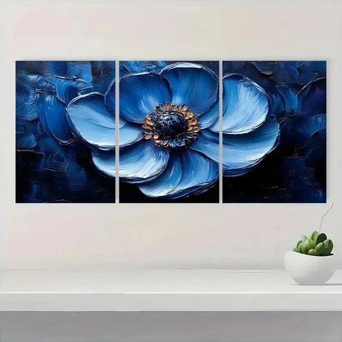 3pcs Heavy Textured Mini Blue Flower BF Wall Art Set Canvas Unframed - High Quality Print 100% Australian Made Wall Canvas