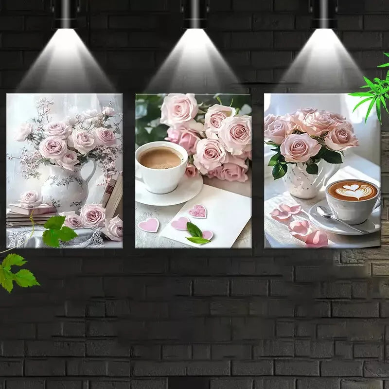 3pc Charming Pink Rose Coffee on a table  Wall Art Set Canvas Framed 50x70cm - High Quality Print 100% Australian Made Wall Canvas Ready to Hang - Bella Home Decor