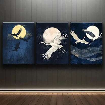 3pcs Cranes Fly Under the Moon Darkness Night Wall Art Set Canvas Unframed - High Quality Print 100% Australian Made Wall Canvas