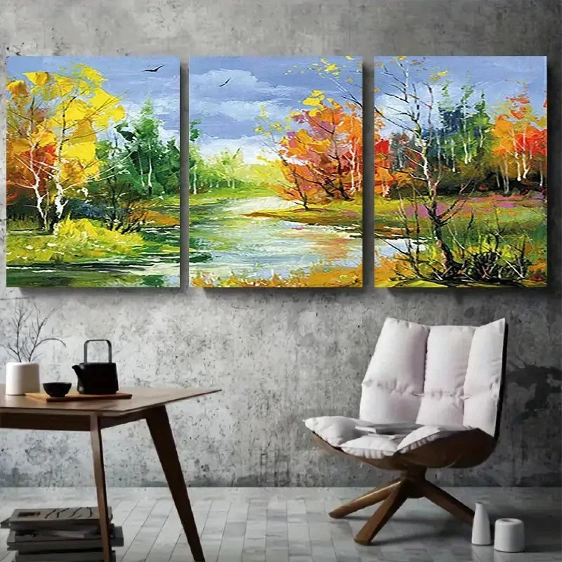 3pcs Vibrant Autumn Fall Forest with River Metal Print Ready to Hang Art