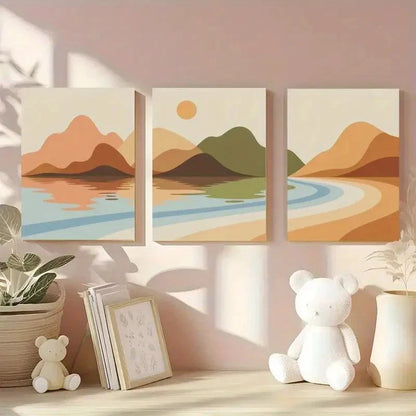 3pcs Mountains Lake Sun Landscape Painting Metal Print Ready to Hang Art