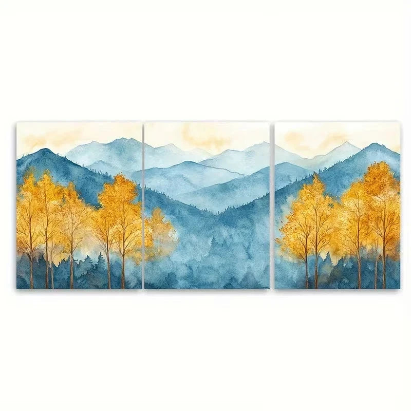 3pcs Golden Yellow Fall Trees & Misty Mountains Wall Art Set Canvas Framed 50x70cm – High Quality Print 100% Australian Made Wall Canvas Ready to Hang