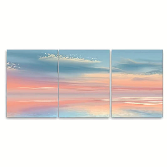 3pcs Soft Mint & Peach Horizon Coastal Sunrise Wall Art Set Canvas Framed 50x70cm - High Quality Print 100% Australian Made Wall Canvas Ready to Hang
