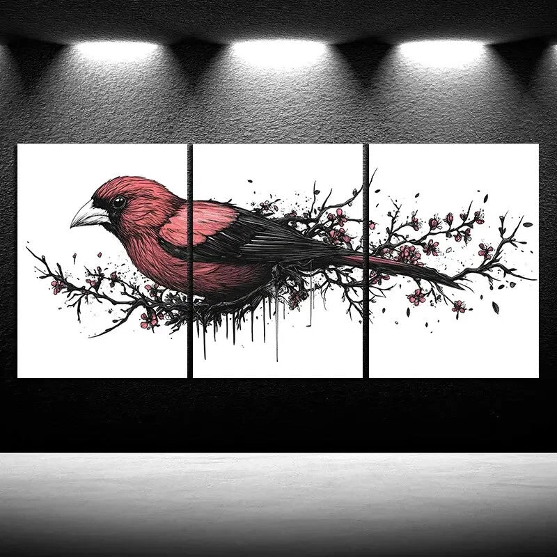 3pcs Red Birds on Plum Blossom Branches Metal Print Ready to Hang Art