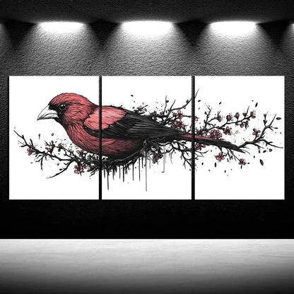 3pcs Red Birds on Plum Blossom Branches Metal Print Ready to Hang Art