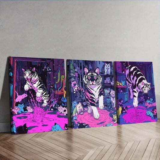 3pcs Featuring a Black And White Tiger Adorned Wall Art Set Canvas Framed 60x90cm - High Quality Print 100% Australian Made Wall Canvas Ready to Hang