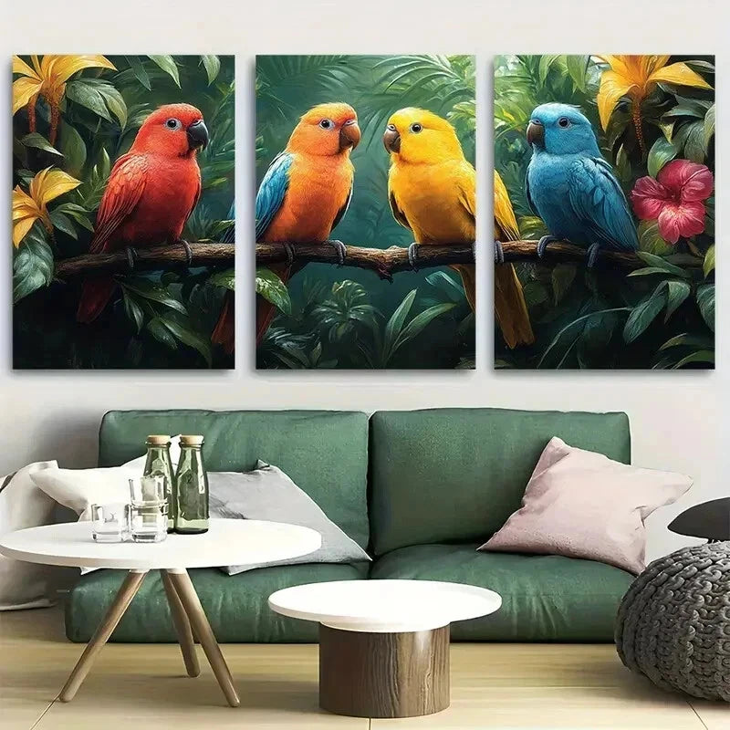 3pcs Vibrant Tropical Birds in Jungle Wall Art Set Canvas Framed 40x60cm - High Quality Print 100% Australian Made Wall Canvas Ready to Hang - Bella Home Decor